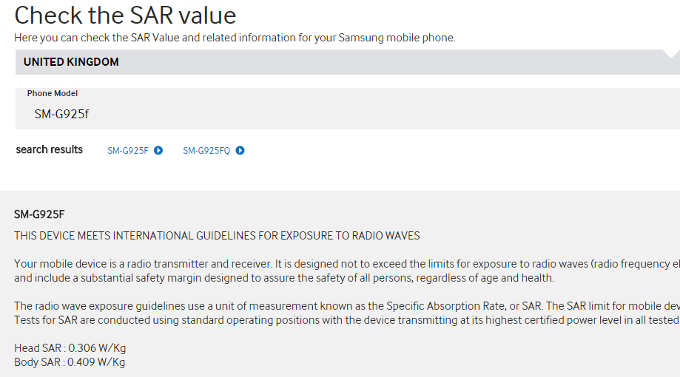 Samsunga Galaxy S6 Edge SAR