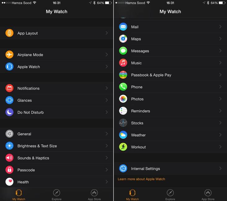 Watch application settings iPhone iOS 8.2