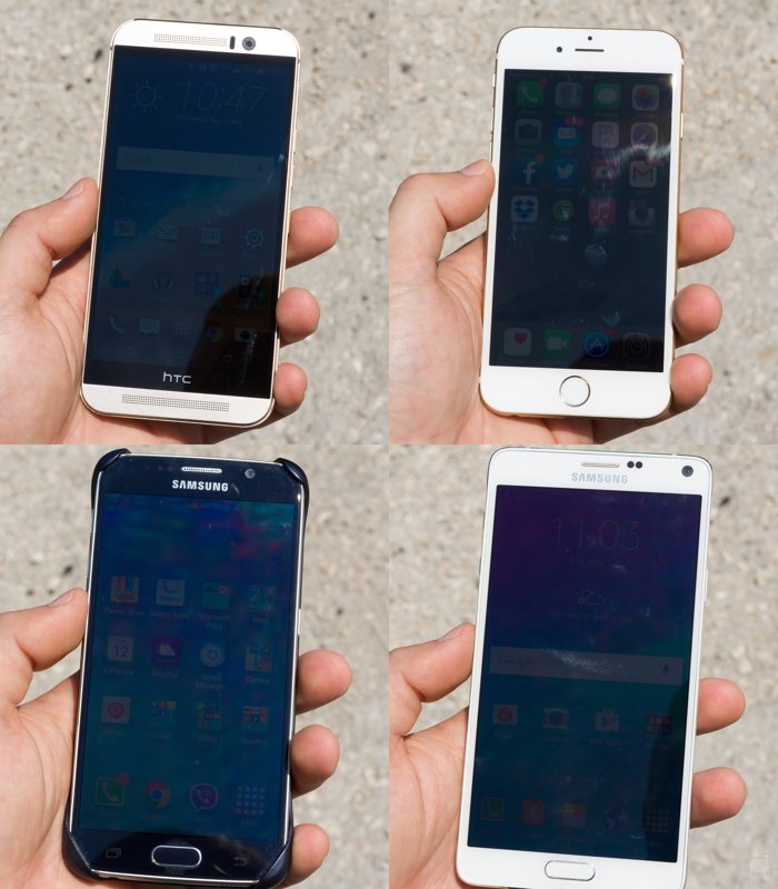 buitenbeeldschermtest iPhone 6 versus Galaxy S6 versus One M9 versus Galaxy Note 6