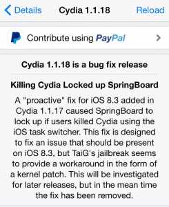 Cydia 1.1.8 update Springboard lock problem closing Cydia