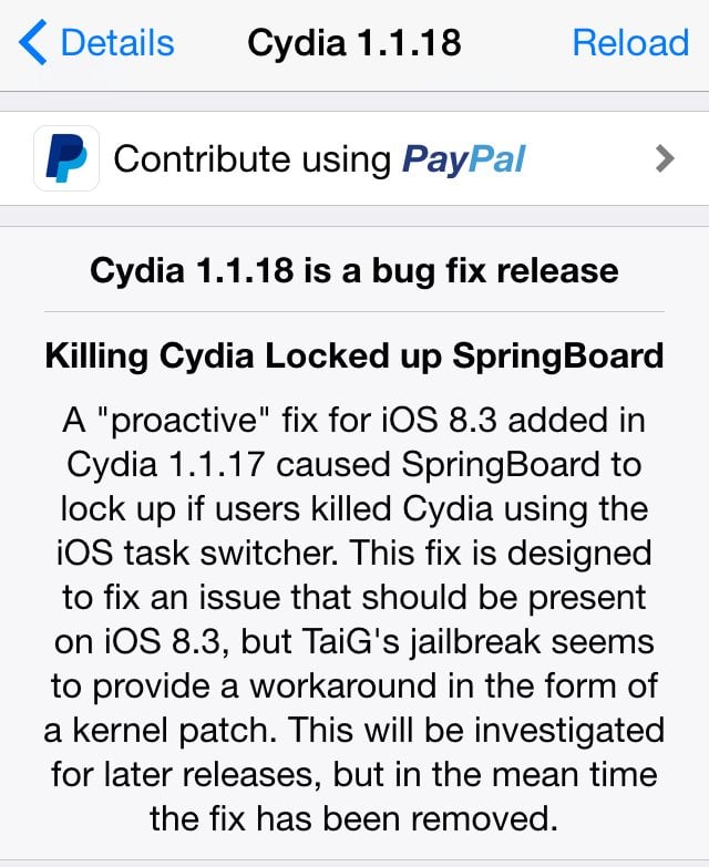 Cydia 1.1.8 opdatering Springbrætlås problem lukker Cydia