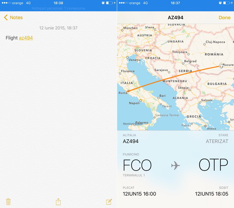 Información de vuelo de notas de iOS 9