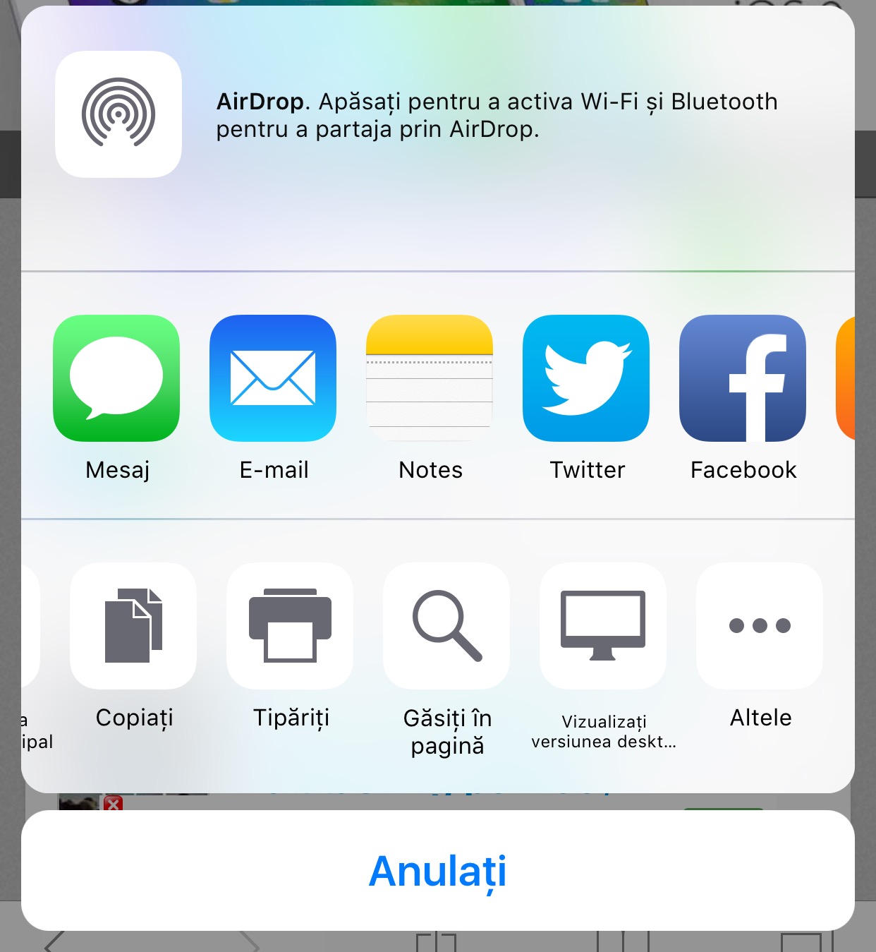 iOS 9 Safari vizualizare desktop share sheets