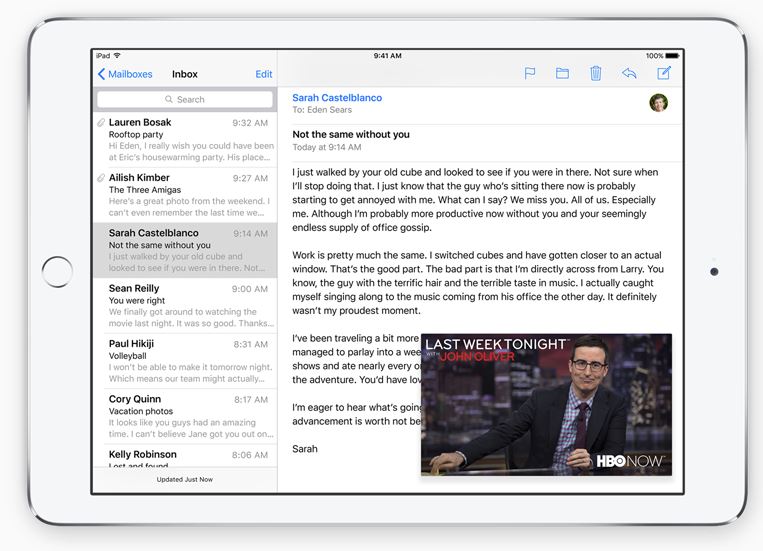 iOS 9 iPad Kuva kuvassa kaksi sovellusta samassa näytössä