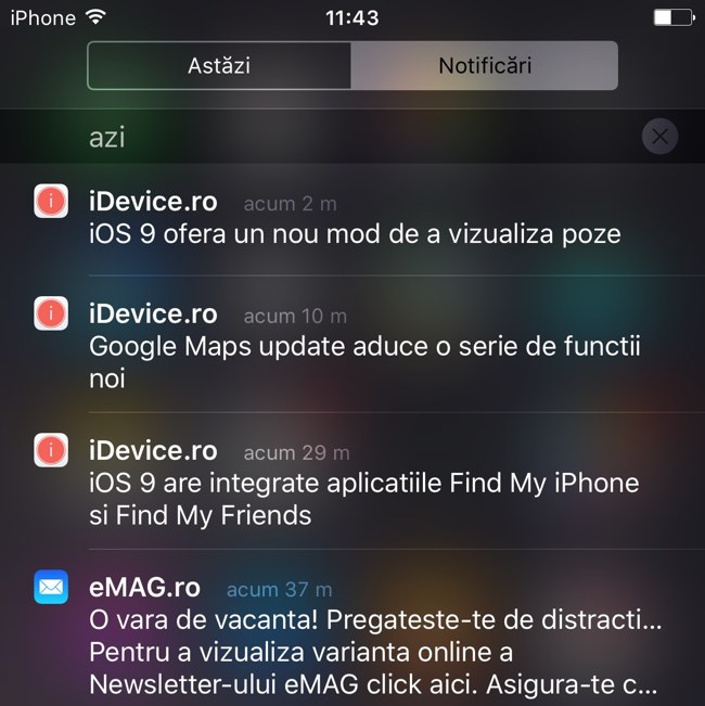 iOS 9 notificari Centru de Notificari
