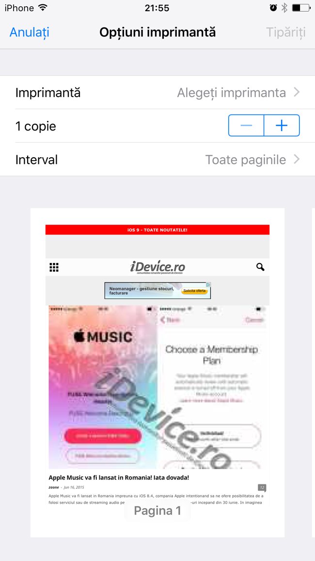 iOS 9 previzualizare tiparire