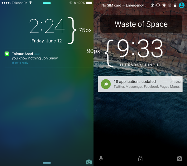 iOS 9 vs Android M spildt skærmplads 3