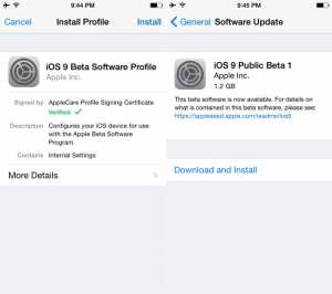 installer iOS 9 offentlig beta