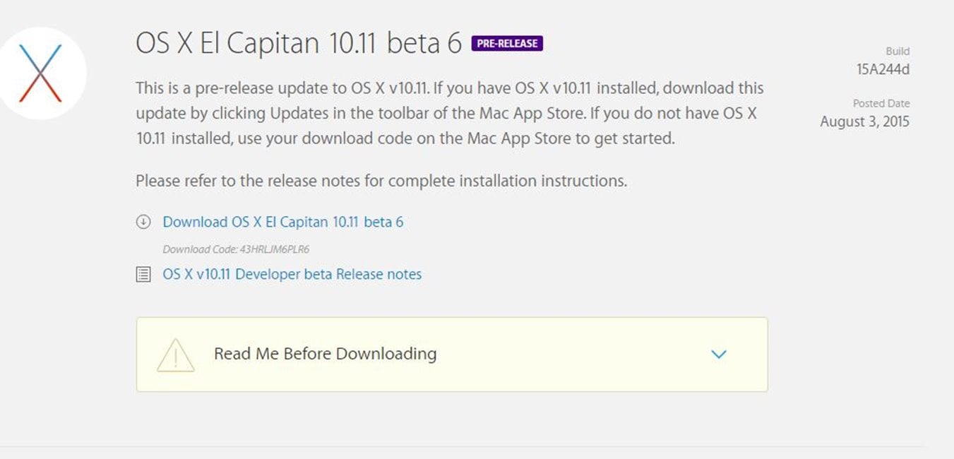 OS X El Capitan 10.11 beta 6