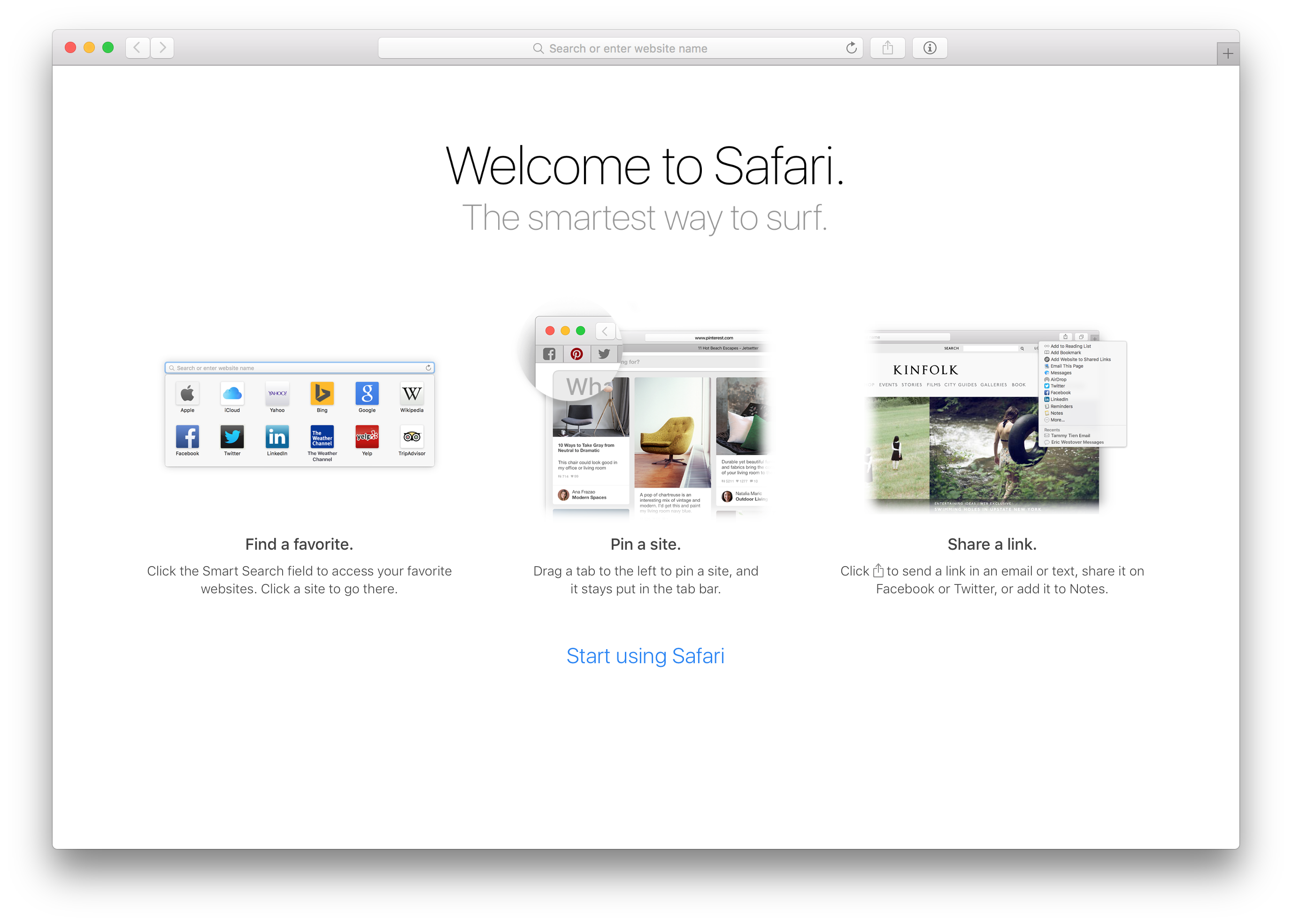 Ekran powitalny systemu OS X El Capitan 10.11 Safari