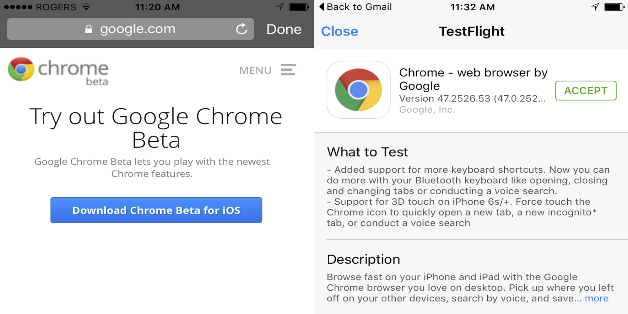 Versione beta di Google Chrome iOS