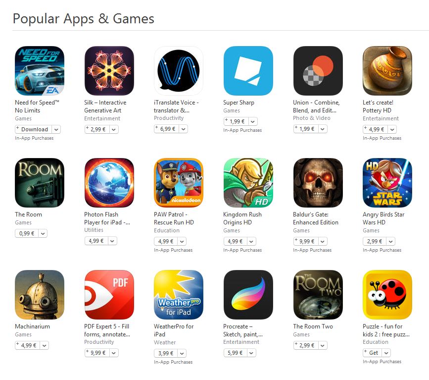 Popular games and applications for iPhone and iPad