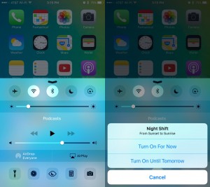 iOS 9.3 Centro di controllo del turno di notte iPhone