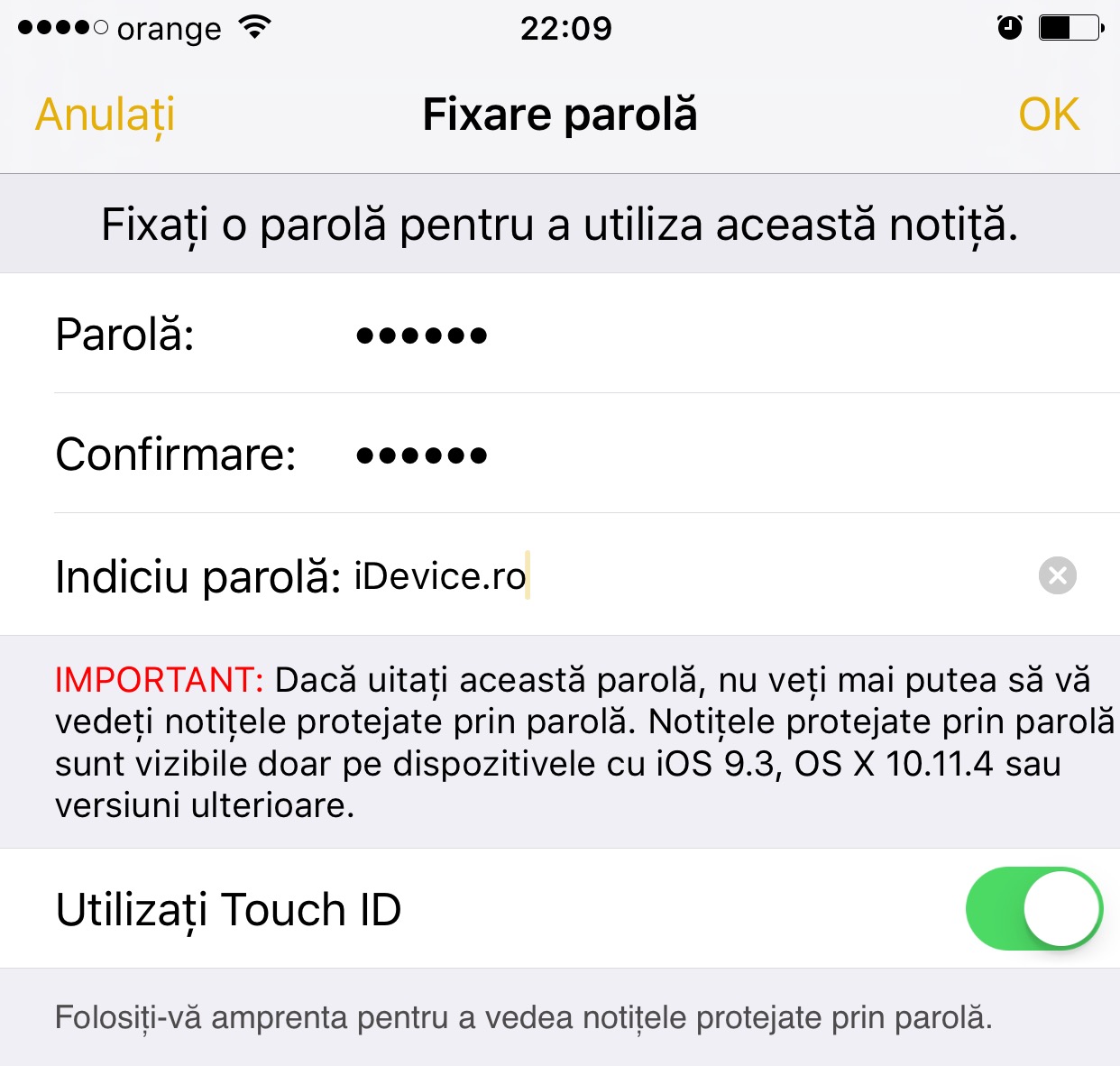 iOS 9.3 protejare parola notite