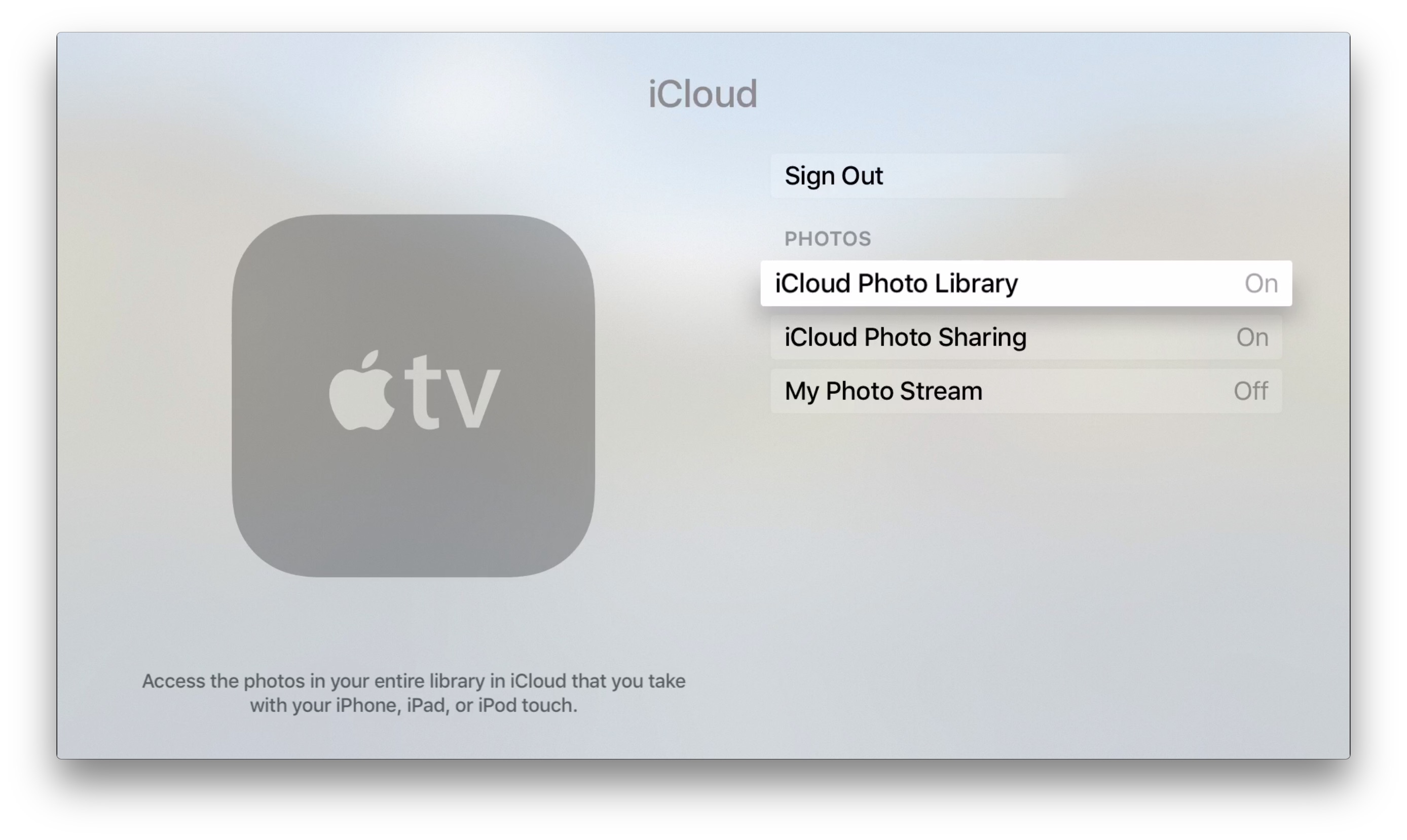 tvOS 9.2 bêta 2 Bibliothèque de photos iCloud