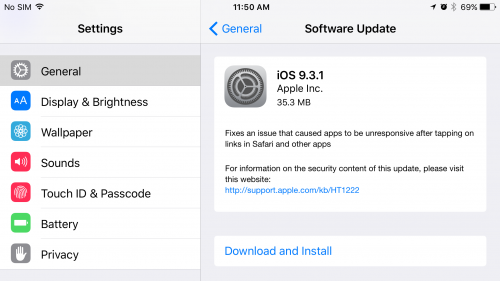 Problema con iOS 9.3.1 durante l'accesso al collegamento