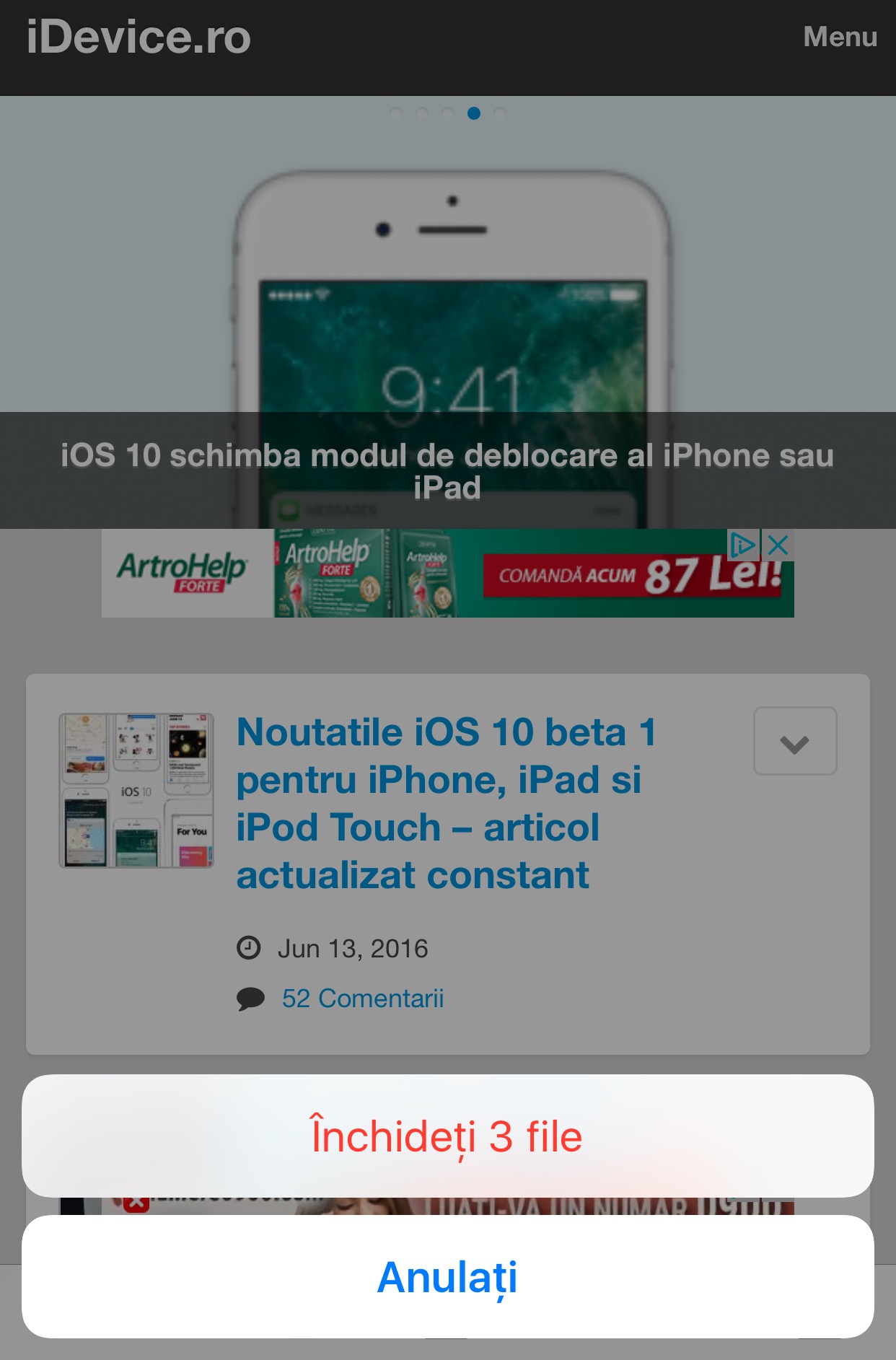 sulje välilehti safari iOS 10