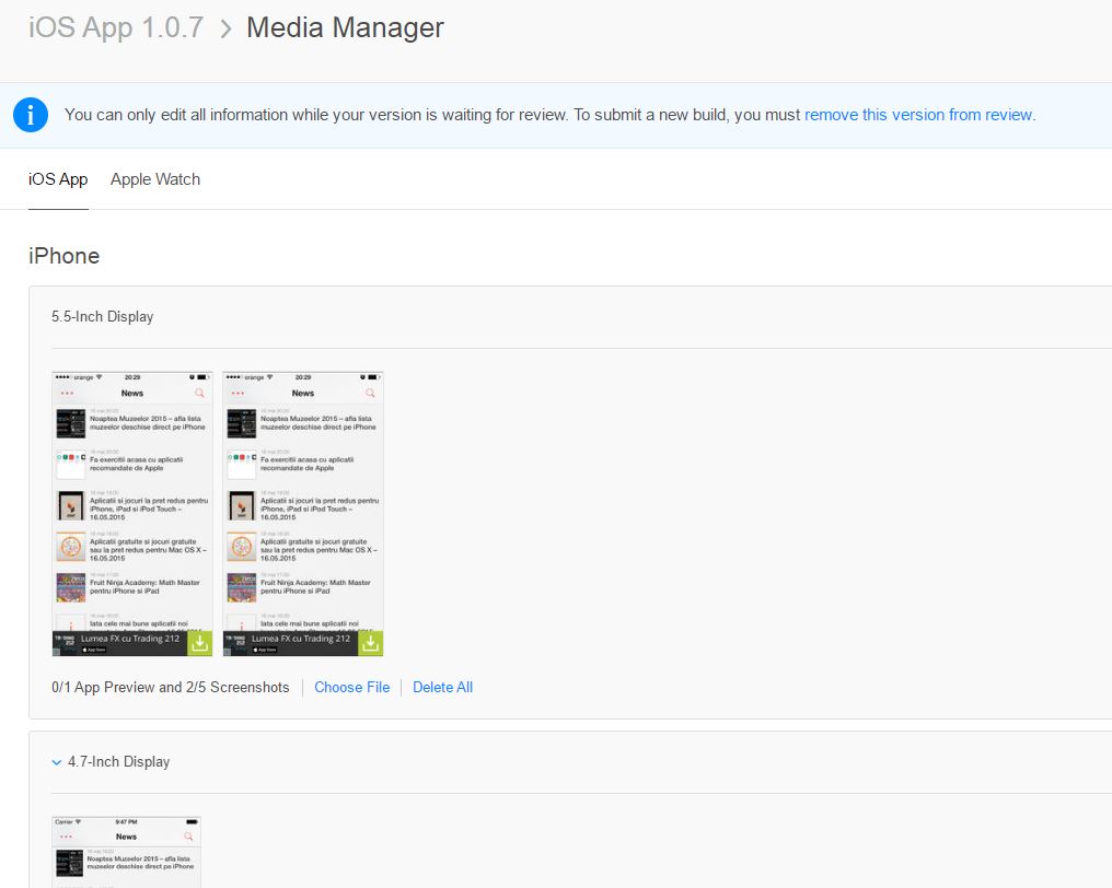 itunes connect incarcare capturi ecran