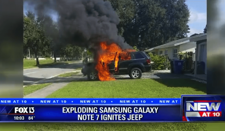 galaxy note 7 burns the car