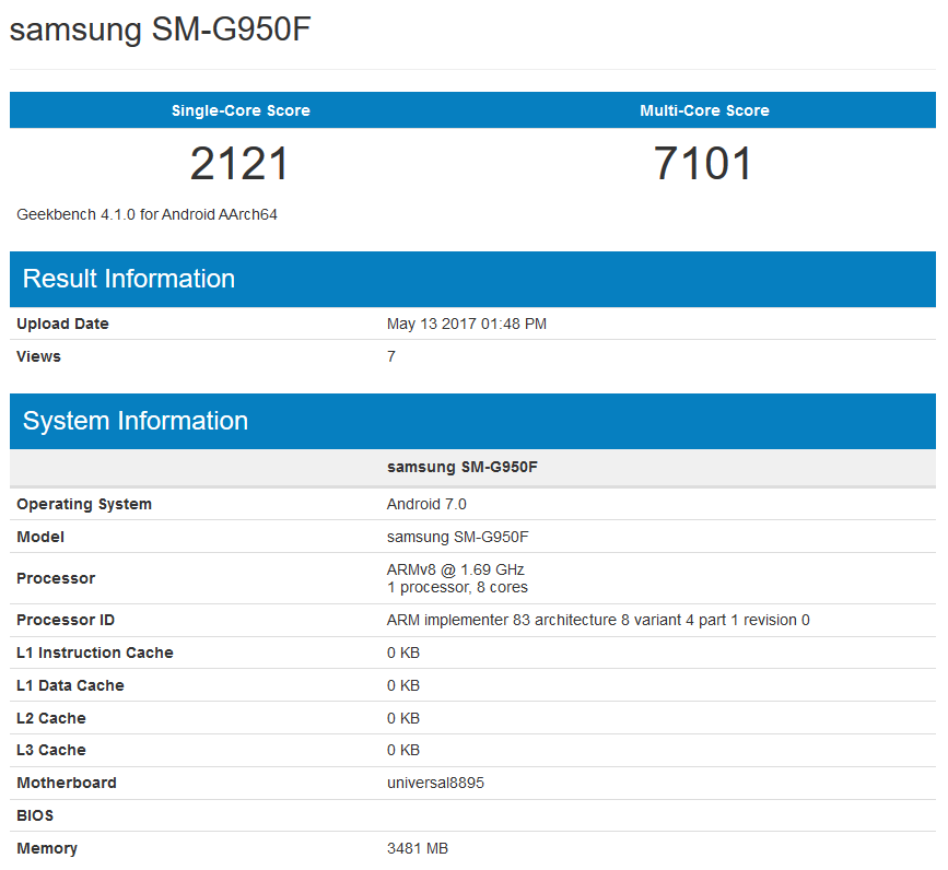 Samsung Galaxy S8 geekbench 7000 puntos