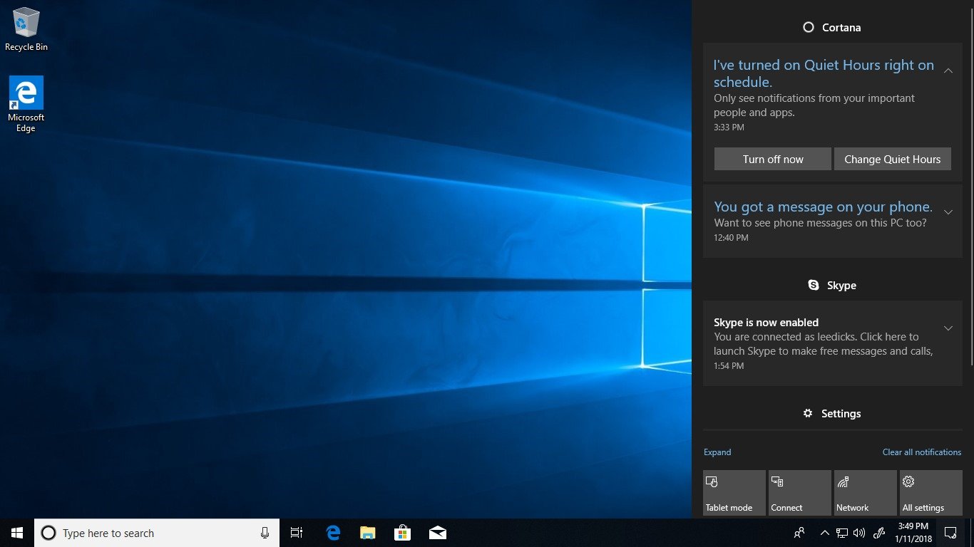 Windows 10 quiet hours notifications