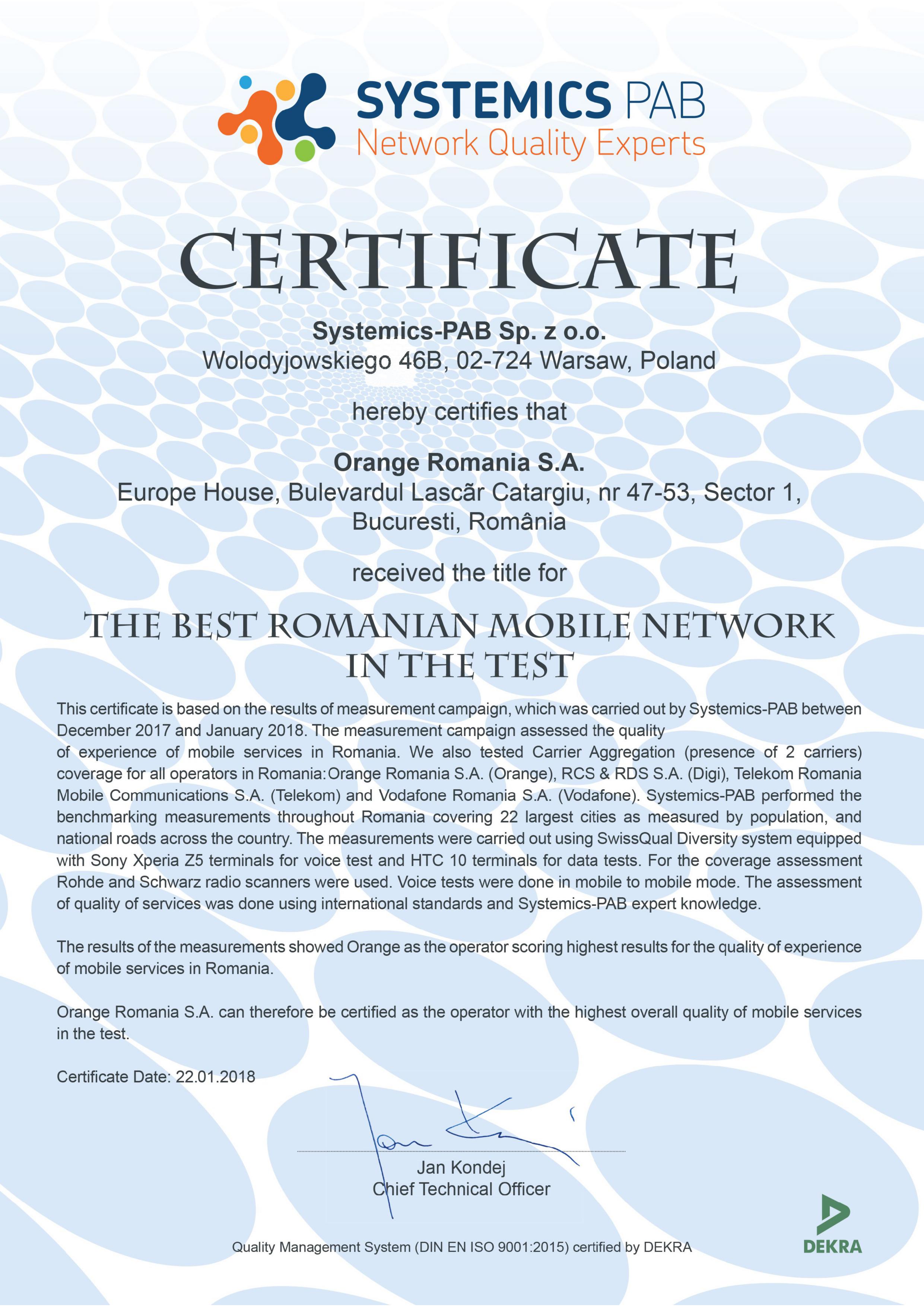 Orange mobiele spraaknetwerkcertificering