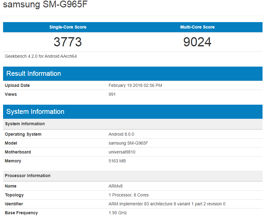 Prestazioni geekbench del Samsung Galaxy S9 Plus