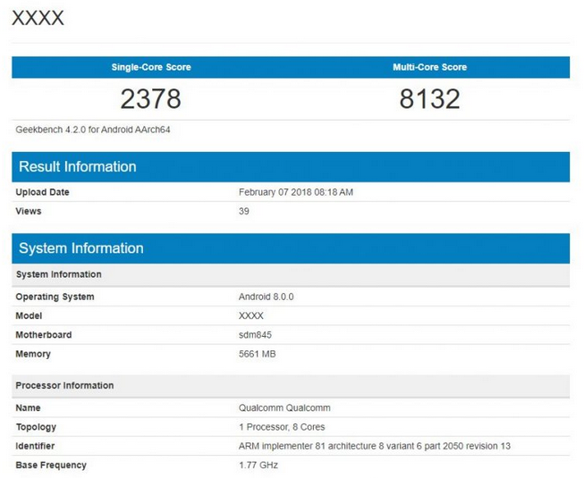 Geekbench del Samsung Galaxy S9