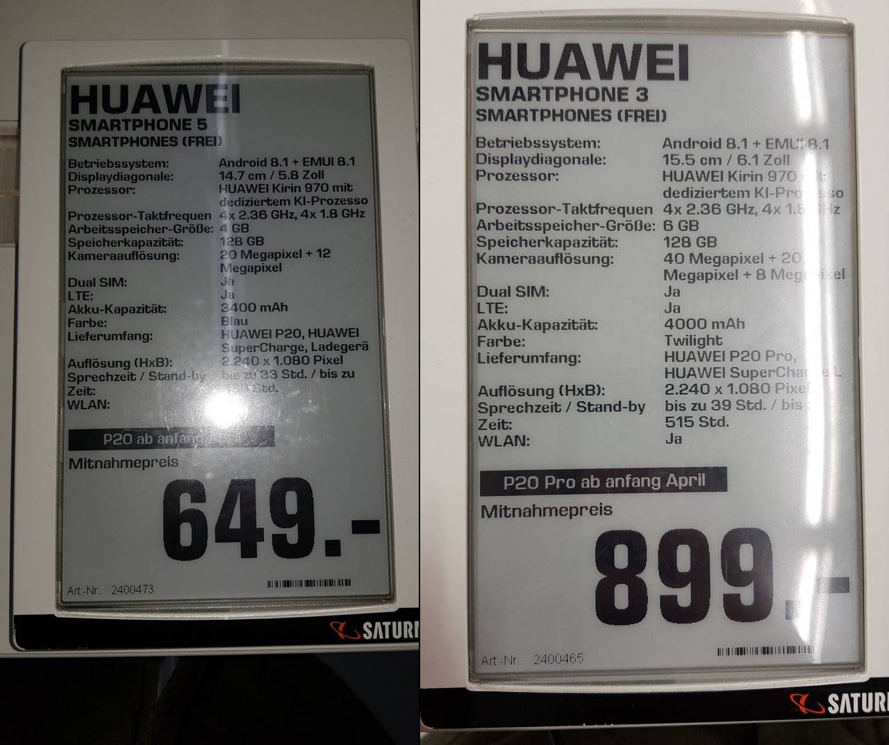 Preisangaben zum Huawei P20 und P20 Pro