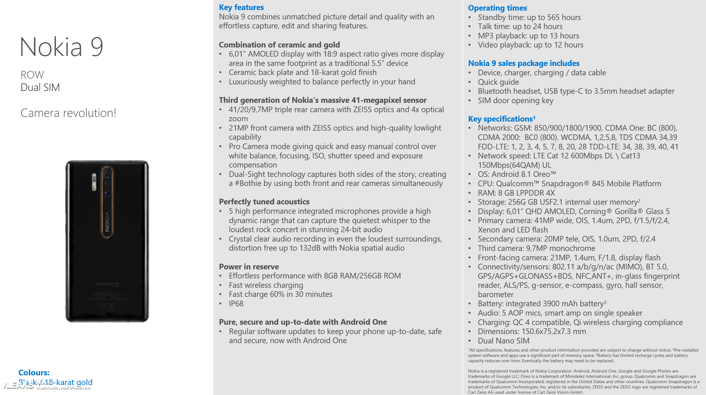 Nokia 9 Galaxy S9 iPhone X Specifications 1