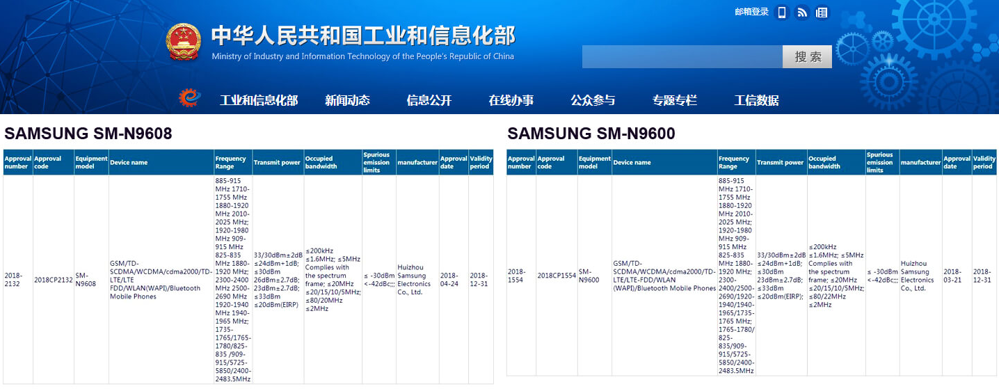 Modelli certificati Samsung Galaxy NOTE 9 1