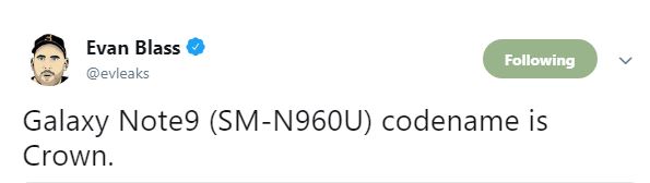 Nom de code de la couronne du Samsung Galaxy Note 9