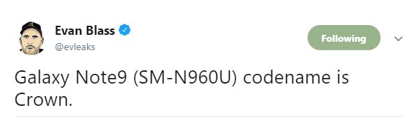 Nombre en clave de la corona del Samsung Galaxy Note 9