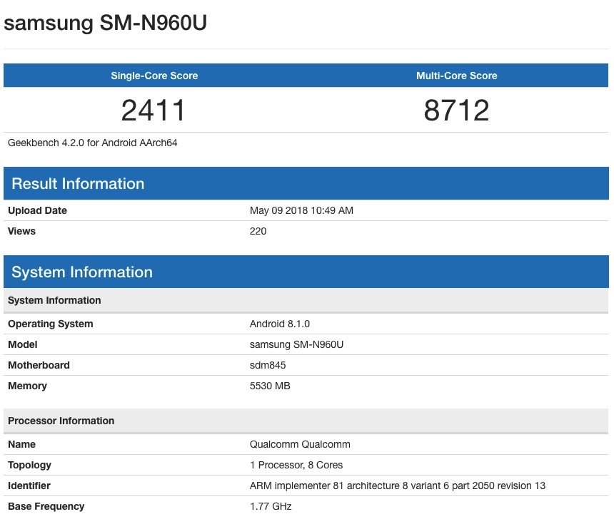 Samsung Galaxy Note 9 NYA designspecifikationer 2