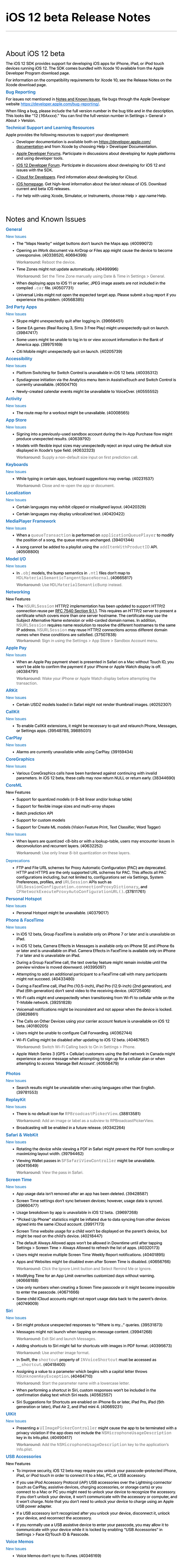 iOS 12 List of Changes PROBLEMS 1