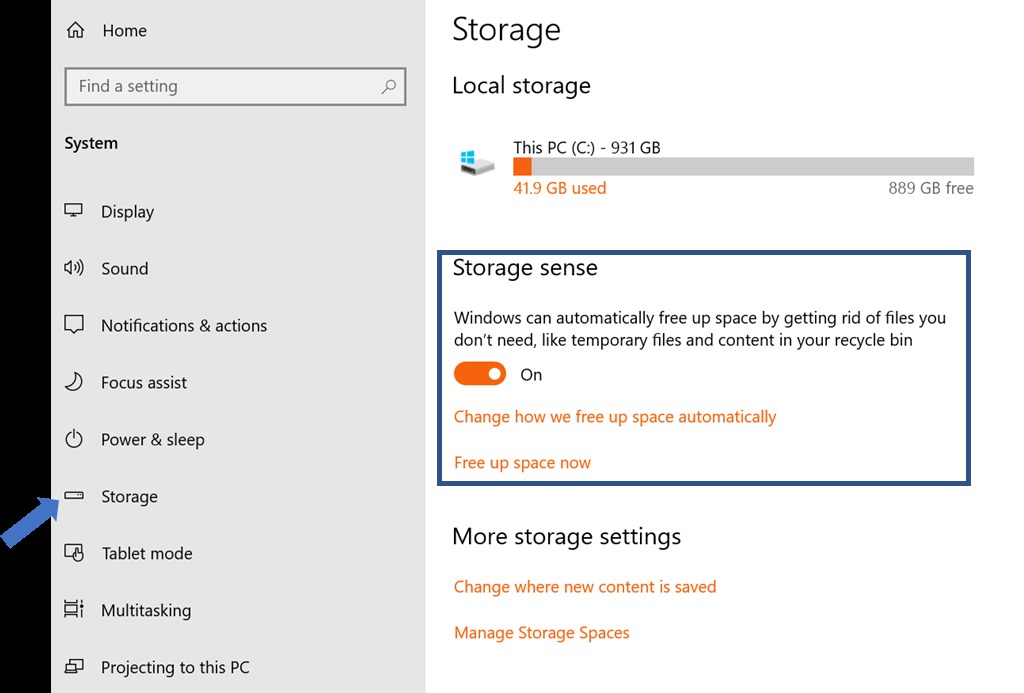 sens de stockage Windows 10 OneDrive 1