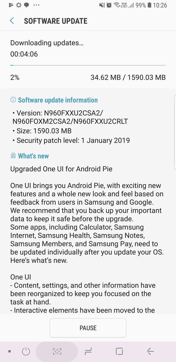 Android 9 Samsung Note 9-update