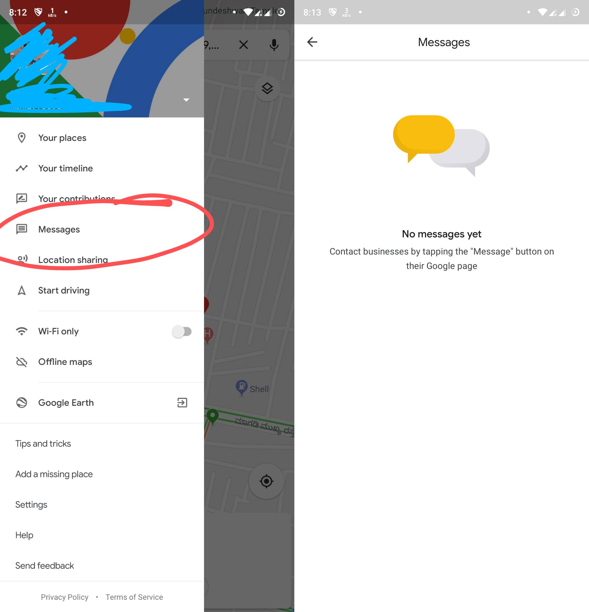 Applicazione di messaggistica di Google Maps