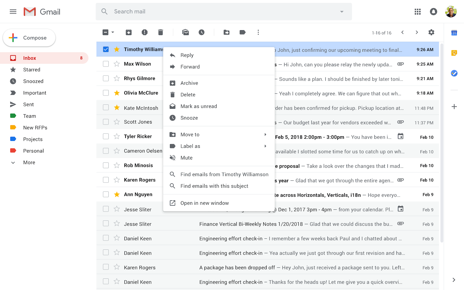 Gmail meniu contextual click dreapta