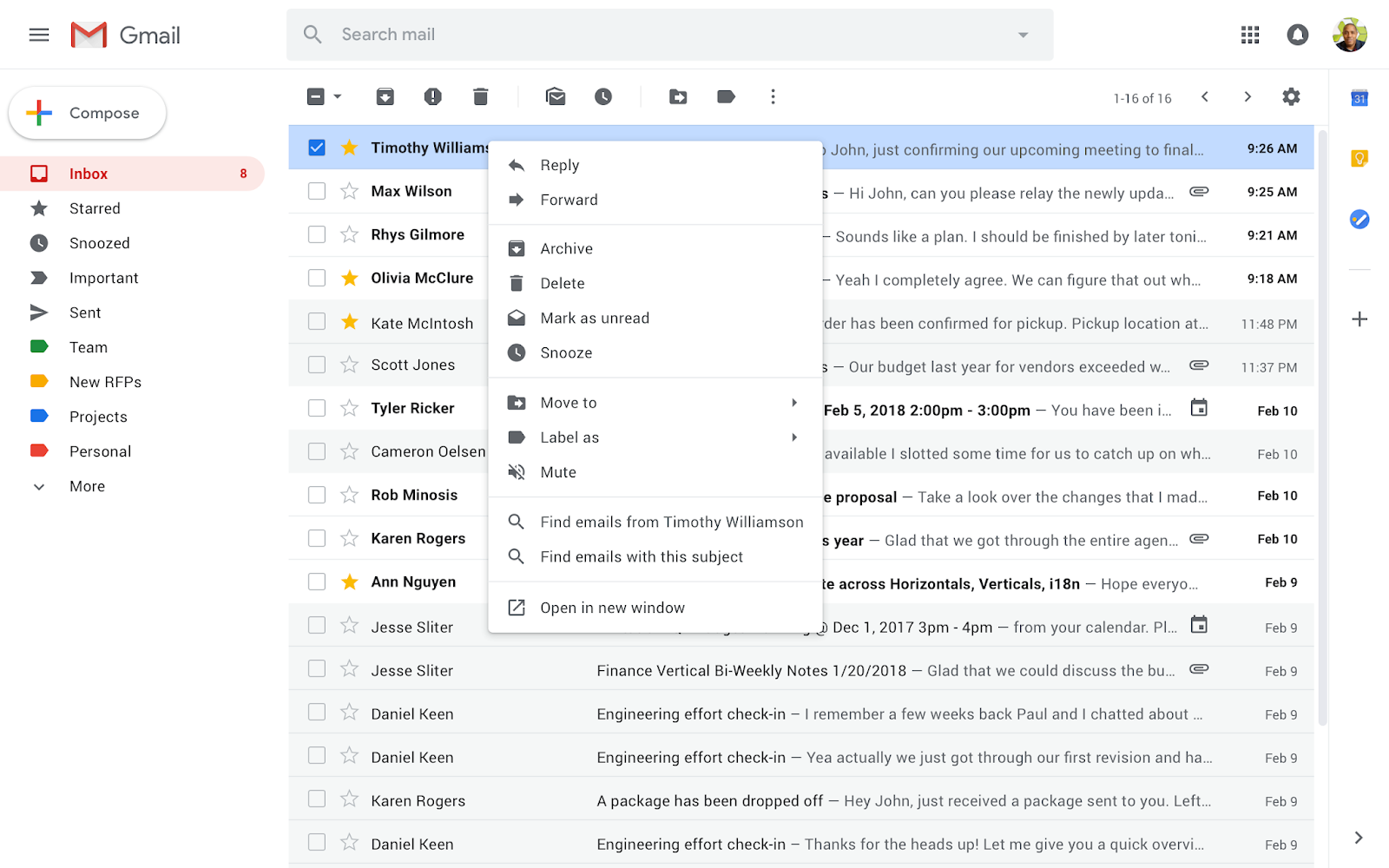 Menu contextuel de Gmail, clic droit