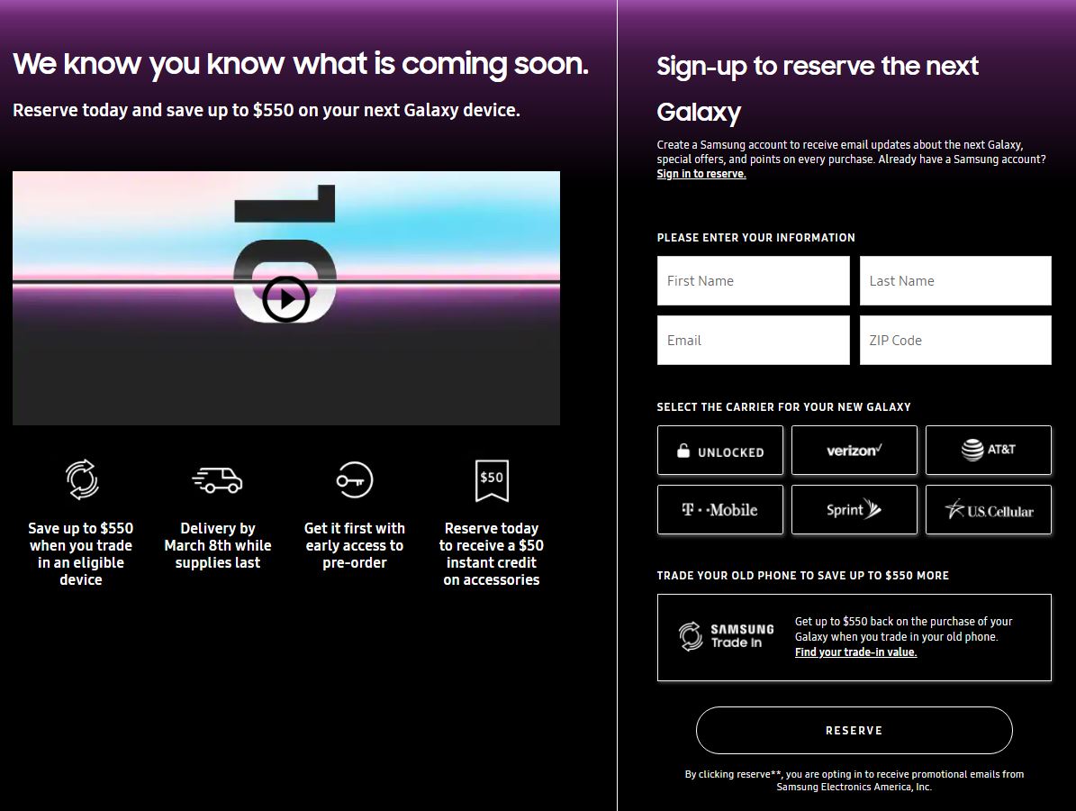 Samsung GALAXY S10 reserved launch