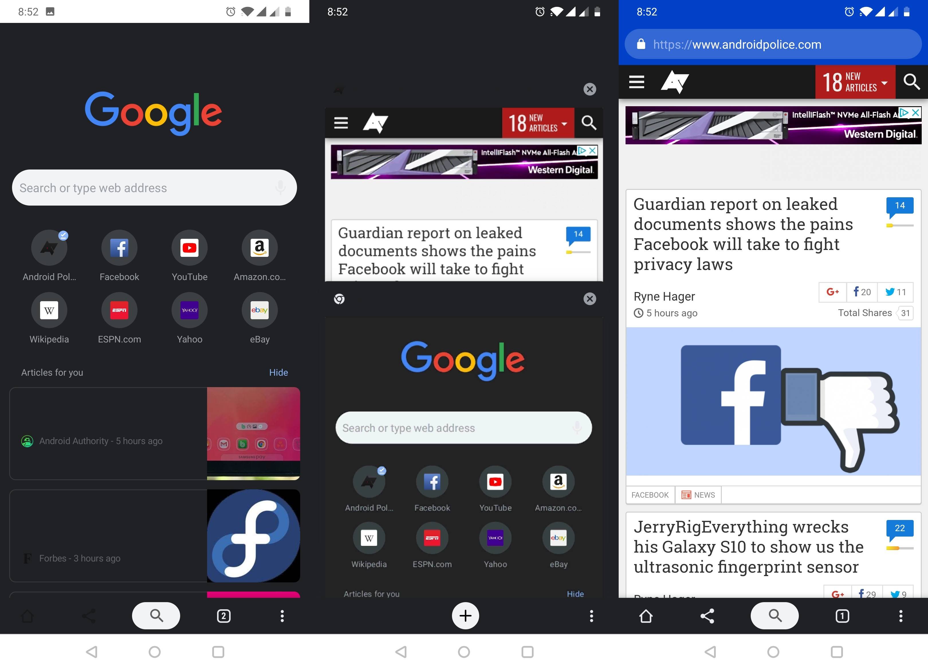 Interfaccia Android in modalità oscura di Google Chrome