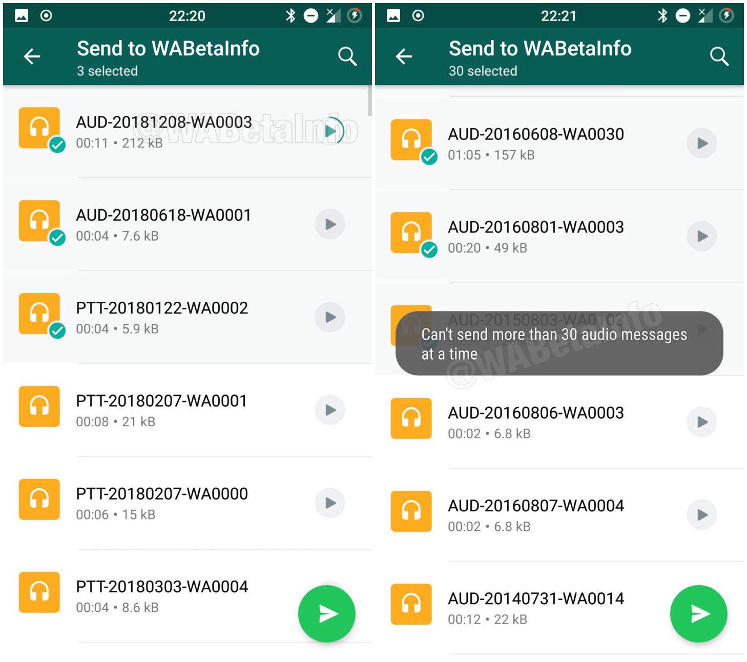 Interface de transfert audio WhatsApp