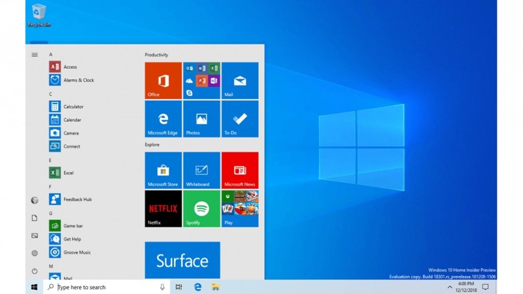 Windows 10 start menu coloane
