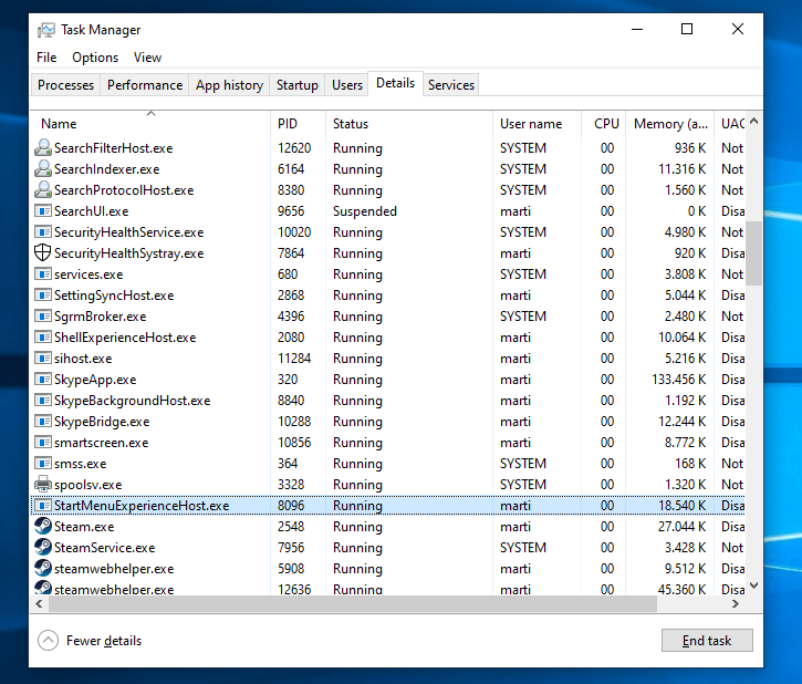 Proceso del menú inicio de Windows 10