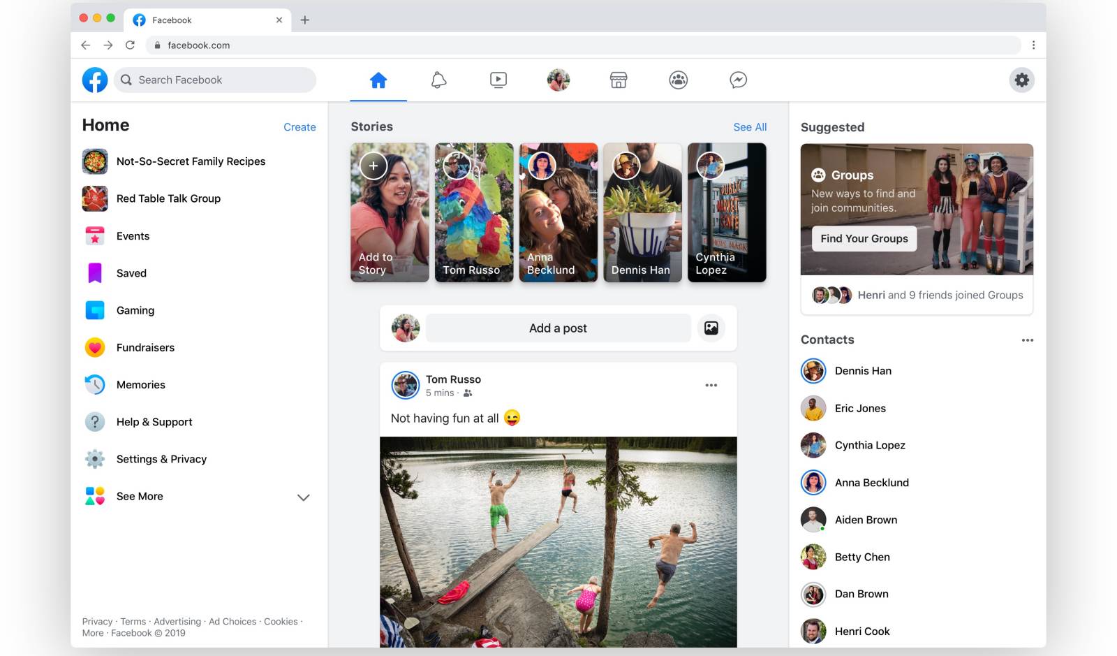 Facebook dark mode interface