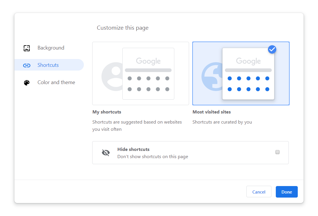 Google Chrome themes shortcuts