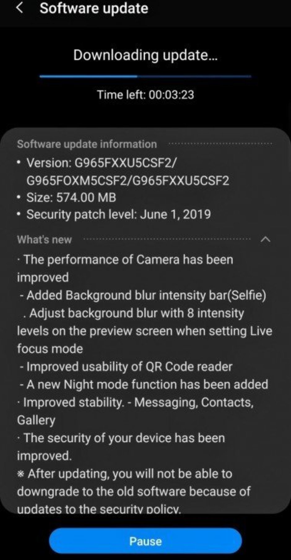 Samsung GALAXY S9 update
