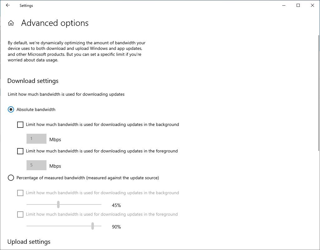 Windows 10 settings for limiting the download speed of updates.