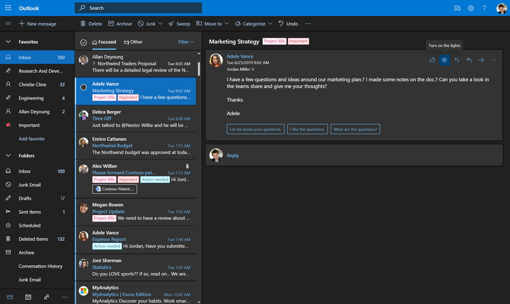 Microsoft Outlook dark mode modern